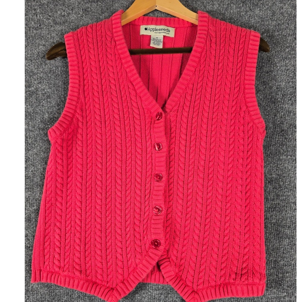 Appleseeds Womens Pink Cable Knit V Neck Button Up Vest M Cotton